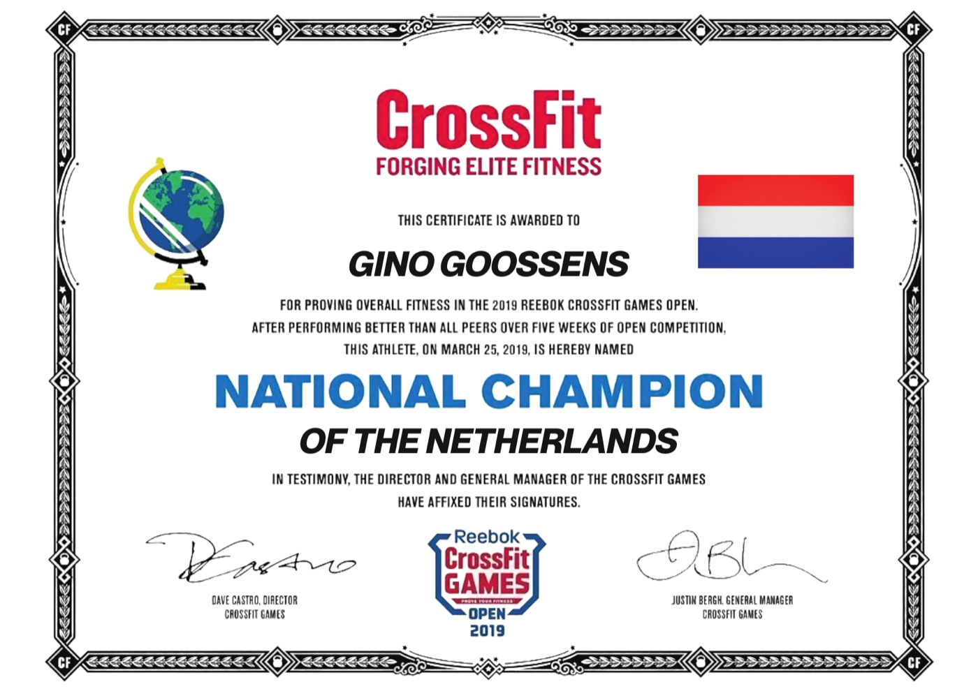 CrossFit Open 2019-certificaat National Champion of the Netherlands voor Gino Goossens