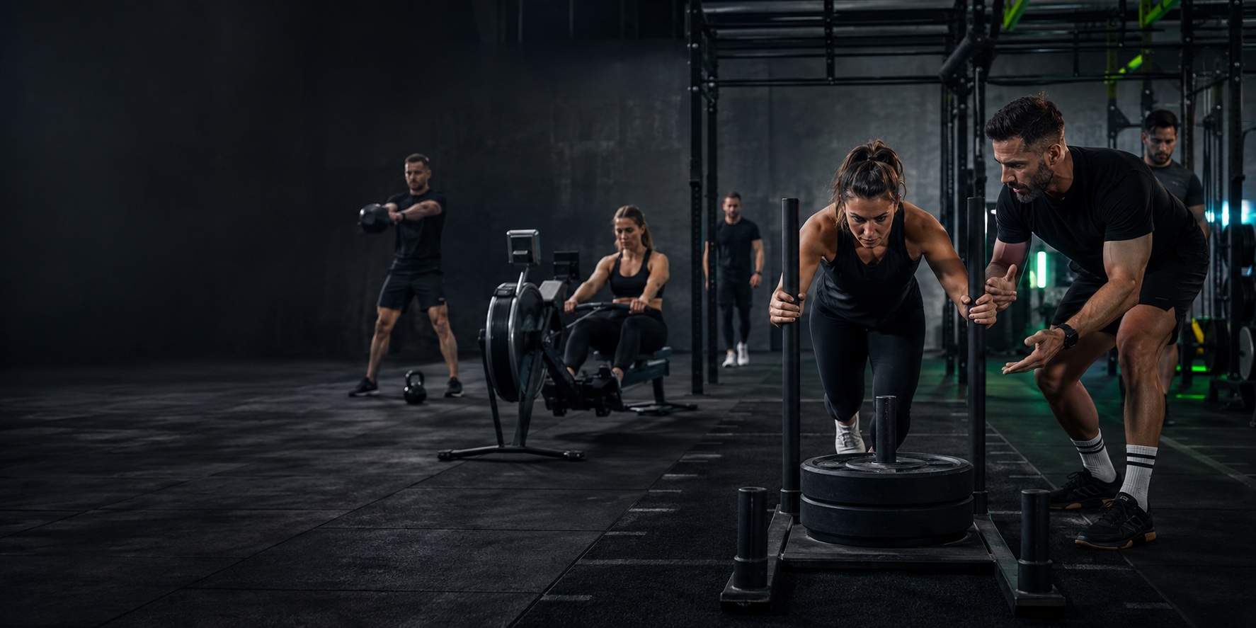 Gecoachte functionele groepstraining met sled, roeier en kettlebells