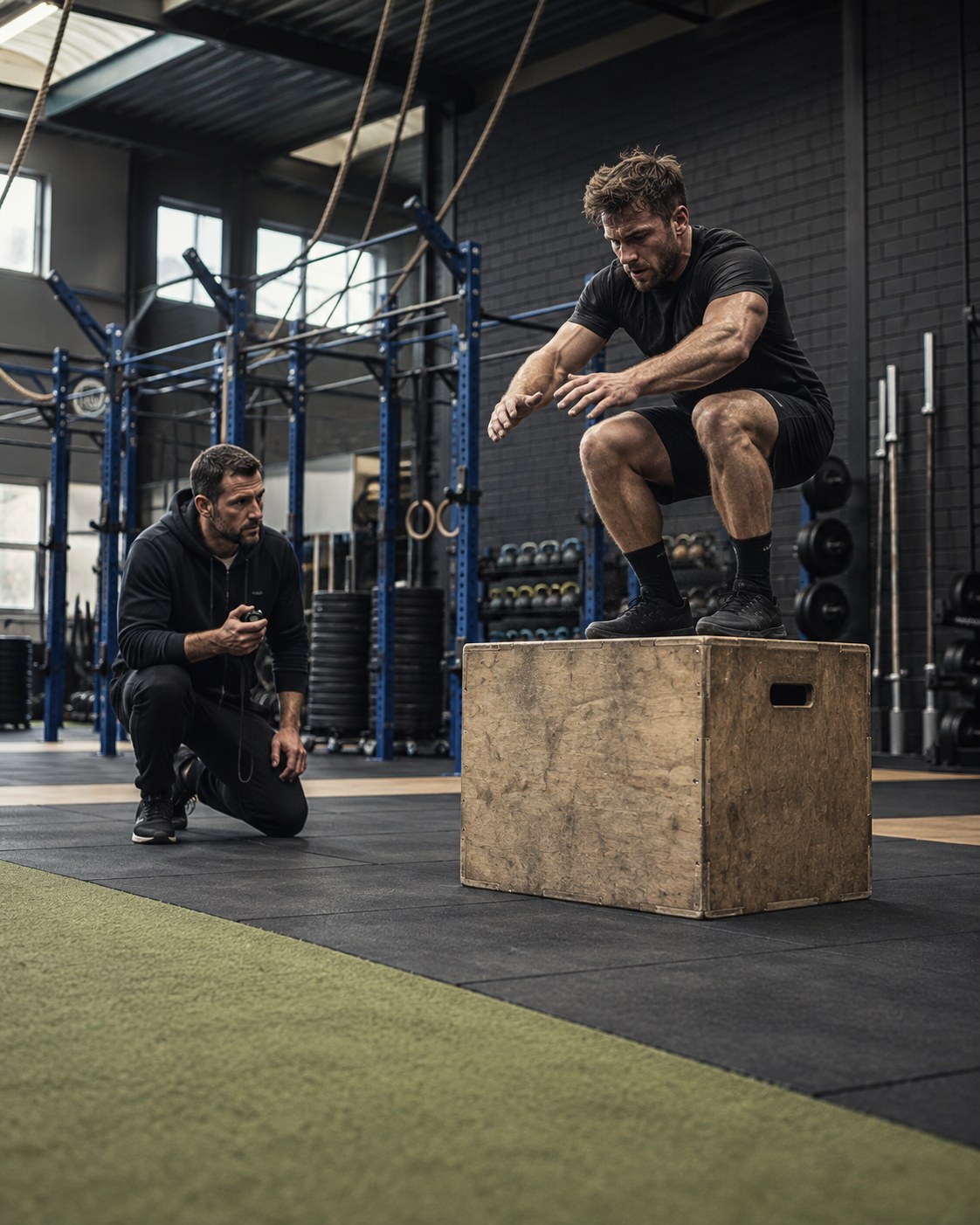 Atleet voert een gecontroleerde sprongtest uit