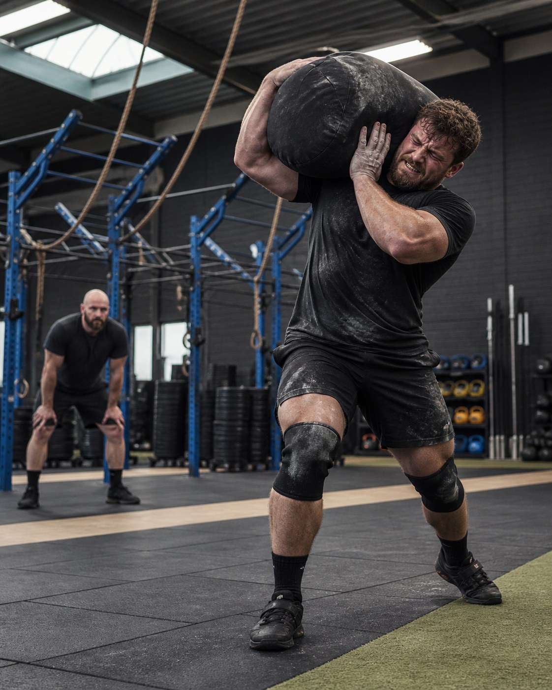 Atleet voert een zware sandbag-oefening uit tijdens individuele coaching