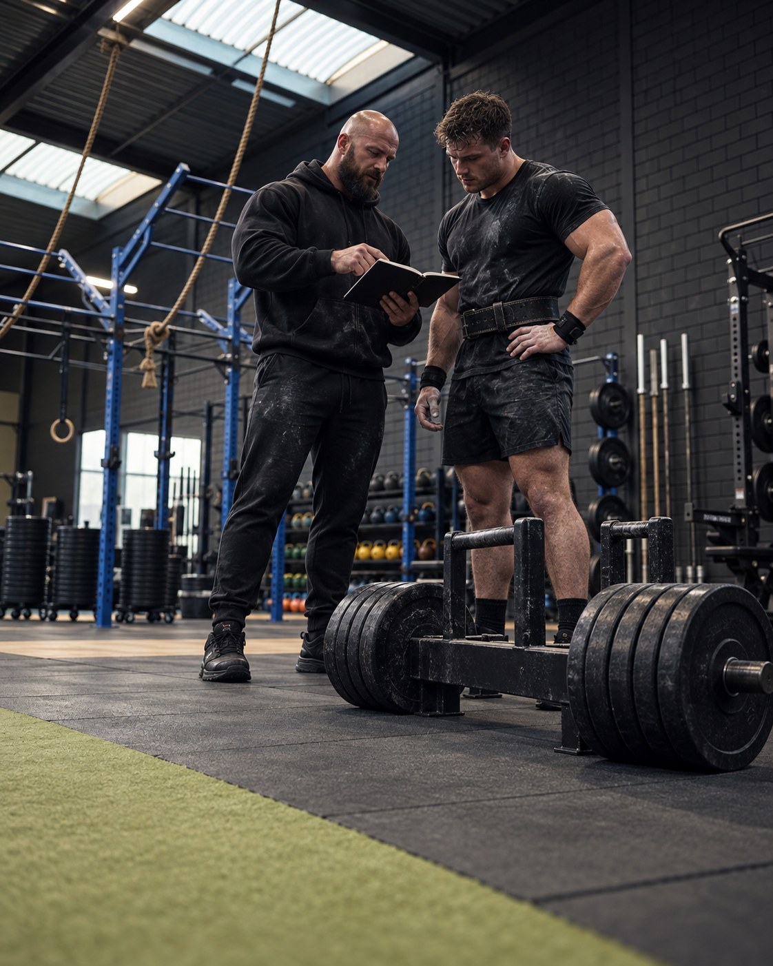 Strategiegesprek naast trainingsmateriaal in het performance center