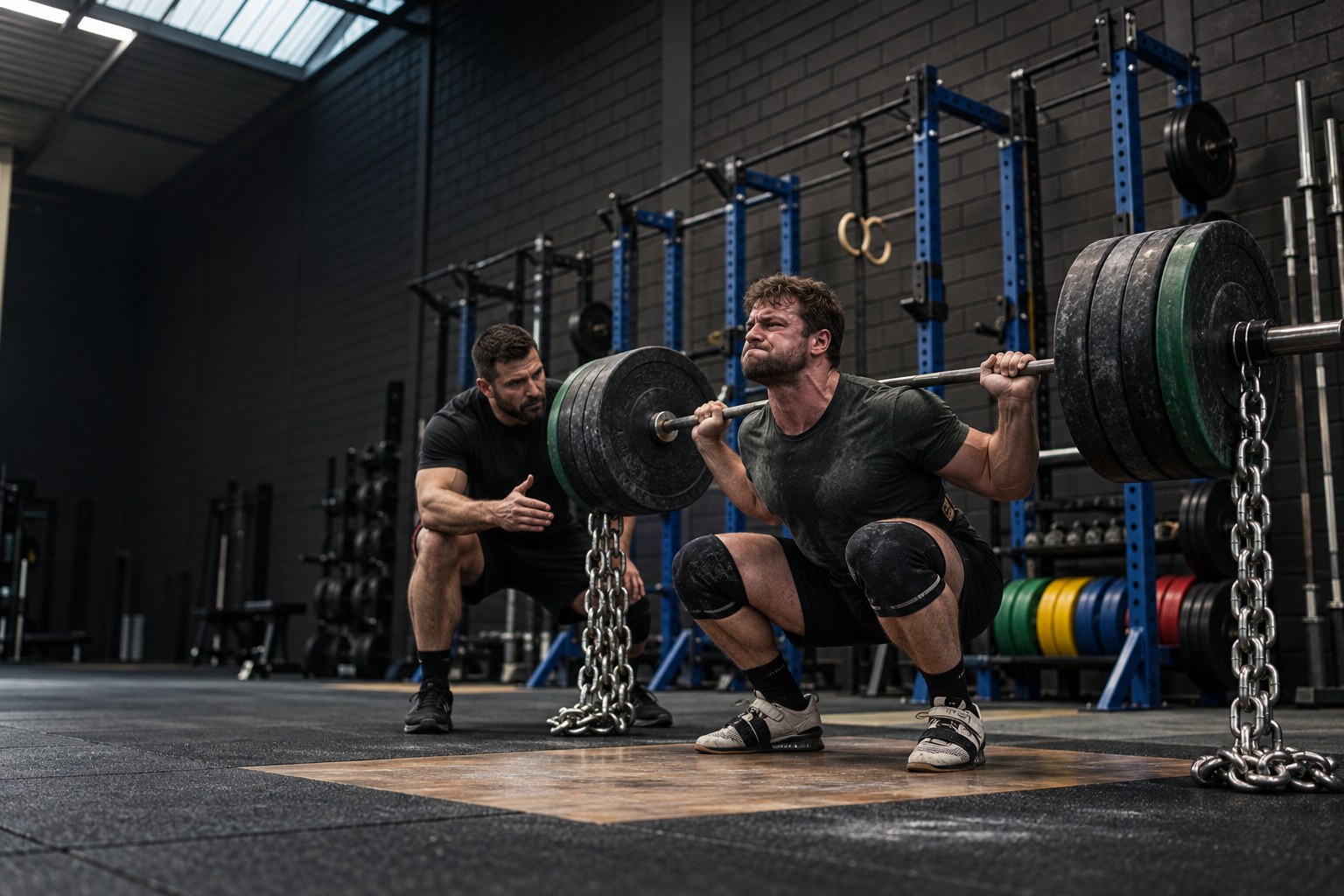 Individuele coaching tijdens een zware back squat met chains